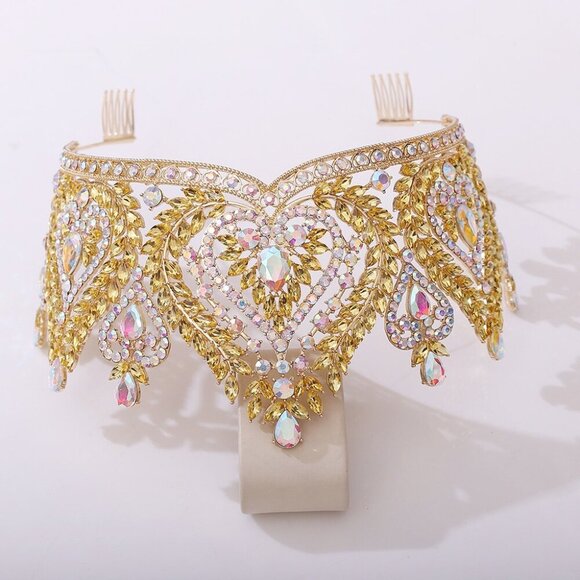 Queen of Spades, Gold Spade Crown, Champagne Crystal Crown, Prom Crown, XL Size - Picture 3 of 5
